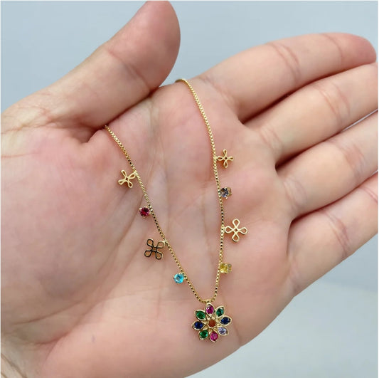 18K Gold Filled Box Chain Necklace with Cross Charms & Multi-Color CZ Flower