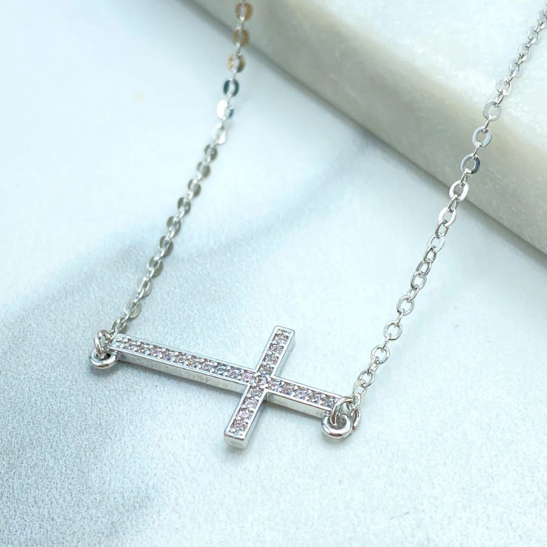 Gold & Silver Stainless Steel Cross Necklace with Cubic Zirconia