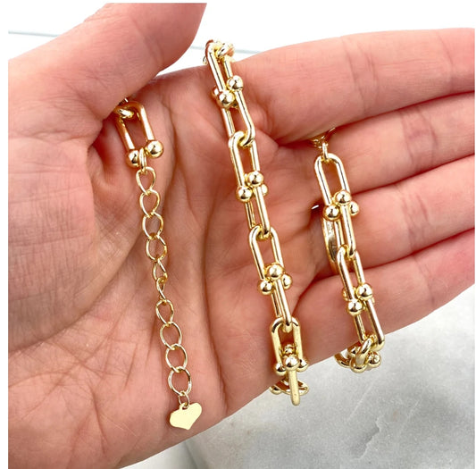 18k Gold Filled 7mm Polished U Shape Link Chain Necklace & Bracelet Set with Extender