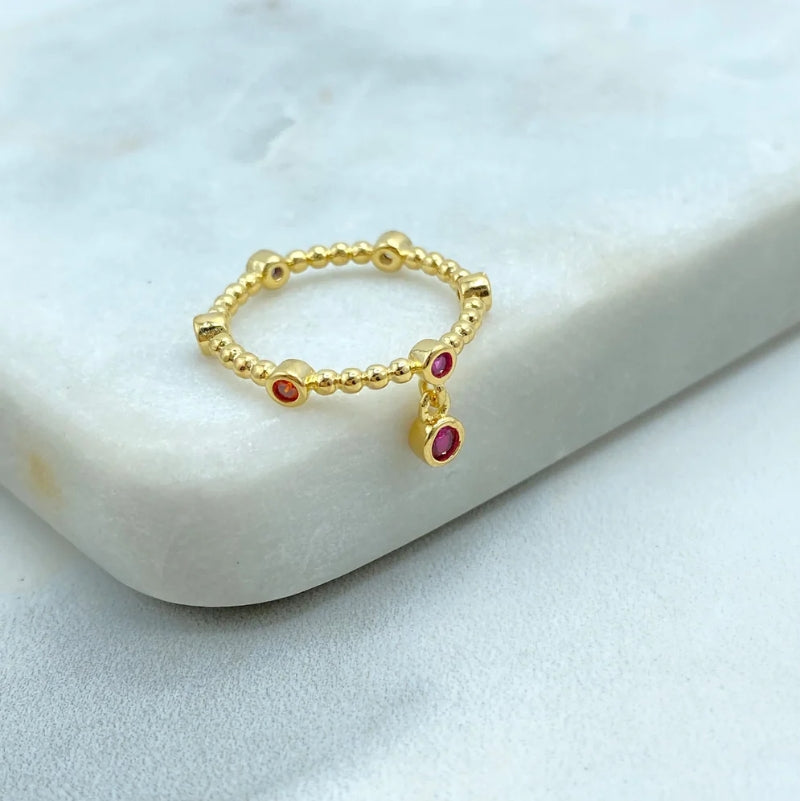 Beaded CZ Charm Stackable Ring 18K Gold Filled – Multicolor CZ with Pink Dangle Charm