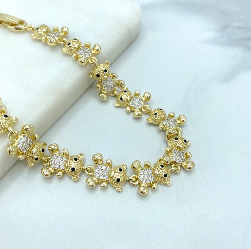 18K Gold Filled Linked Puffed Teddy Bears Bracelet – Clear & Black Micro Pave