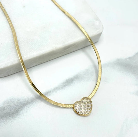 18k Gold Filled 2mm Snake Chain Necklace & Bracelet Set with Clear Micro CZ