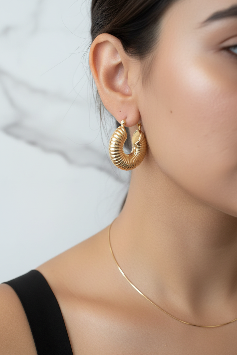 18K Gold Filled Ribbed Chunky Hoop Earrings Editorial