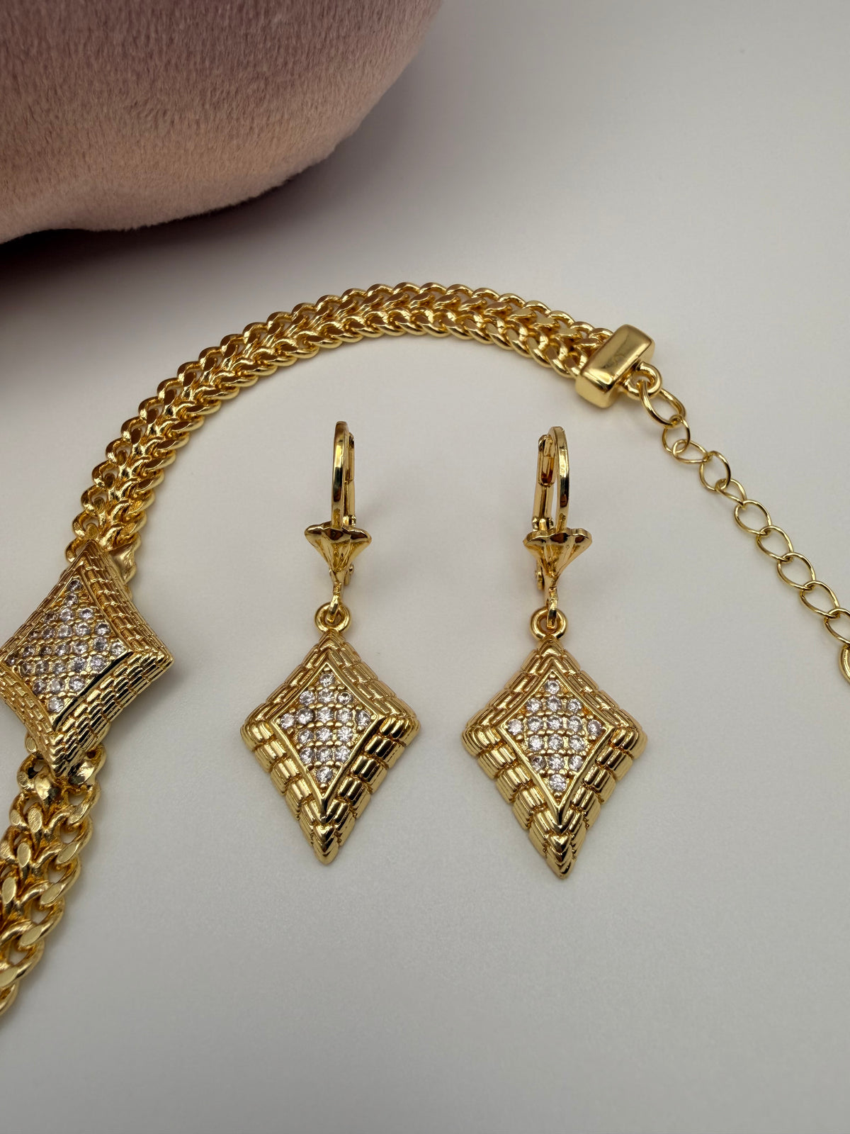 18K Gold Filled Diamond CZ & Double Chain Jewelry Set no