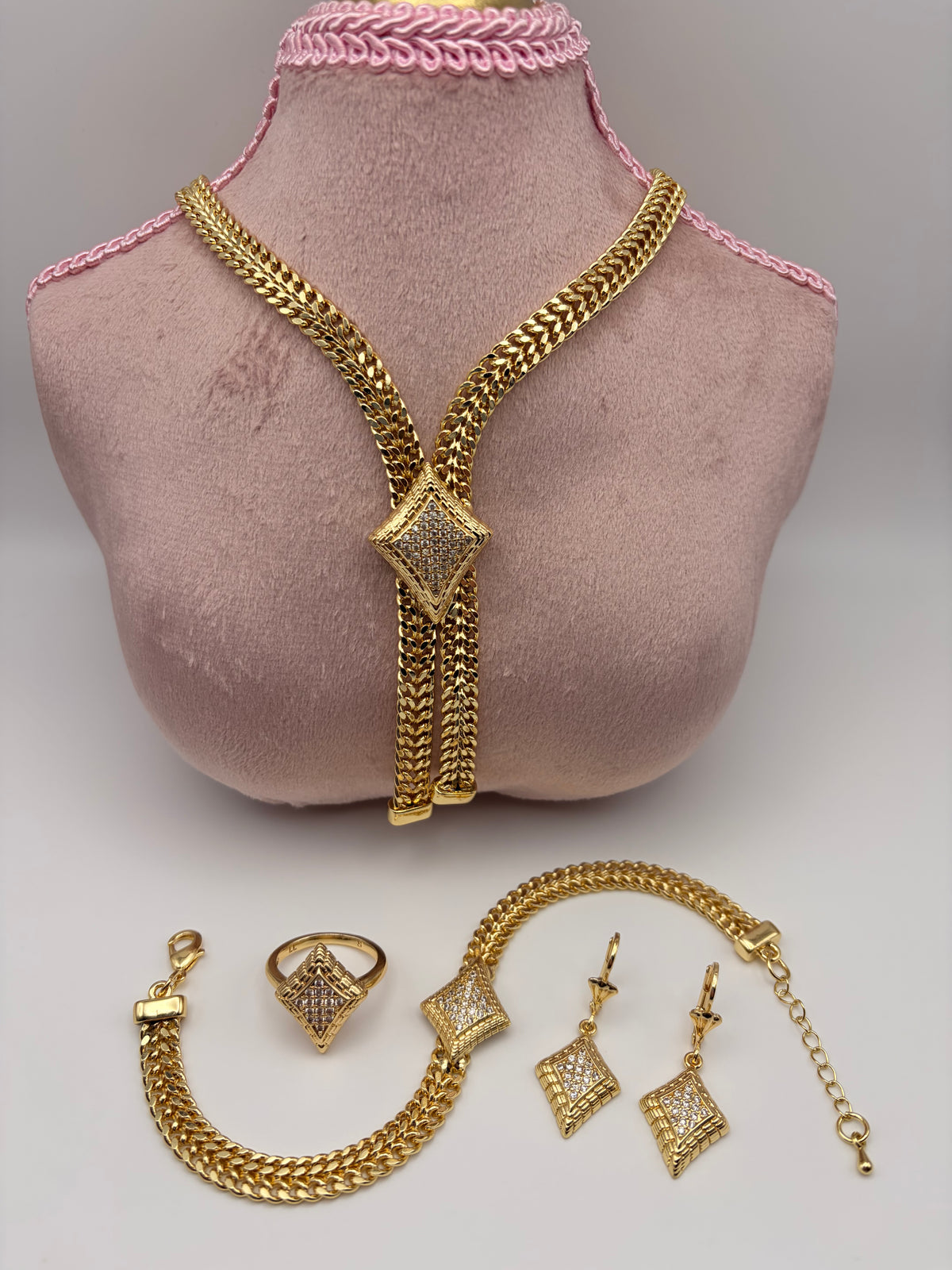 18K Gold Filled Diamond CZ & Double Chain Jewelry Set no
