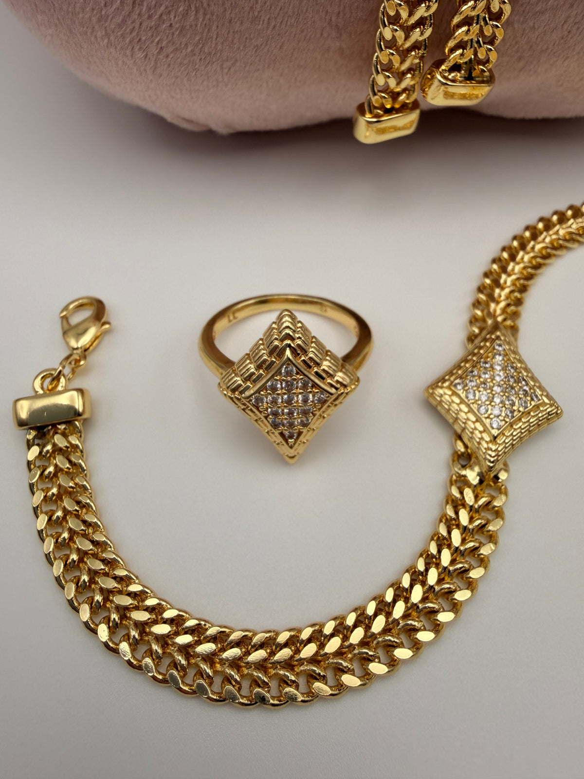 18K Gold Filled Diamond CZ & Double Chain Jewelry Set no