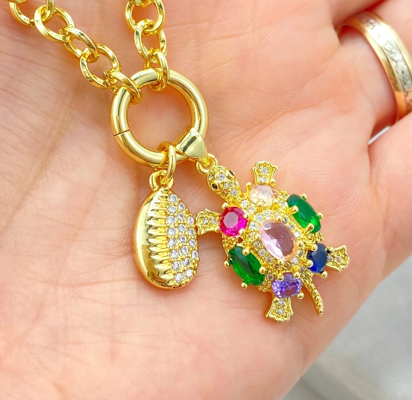 Golden Ocean Charm Necklace | 18K Gold Filled – Turtle & Cowry Shell
