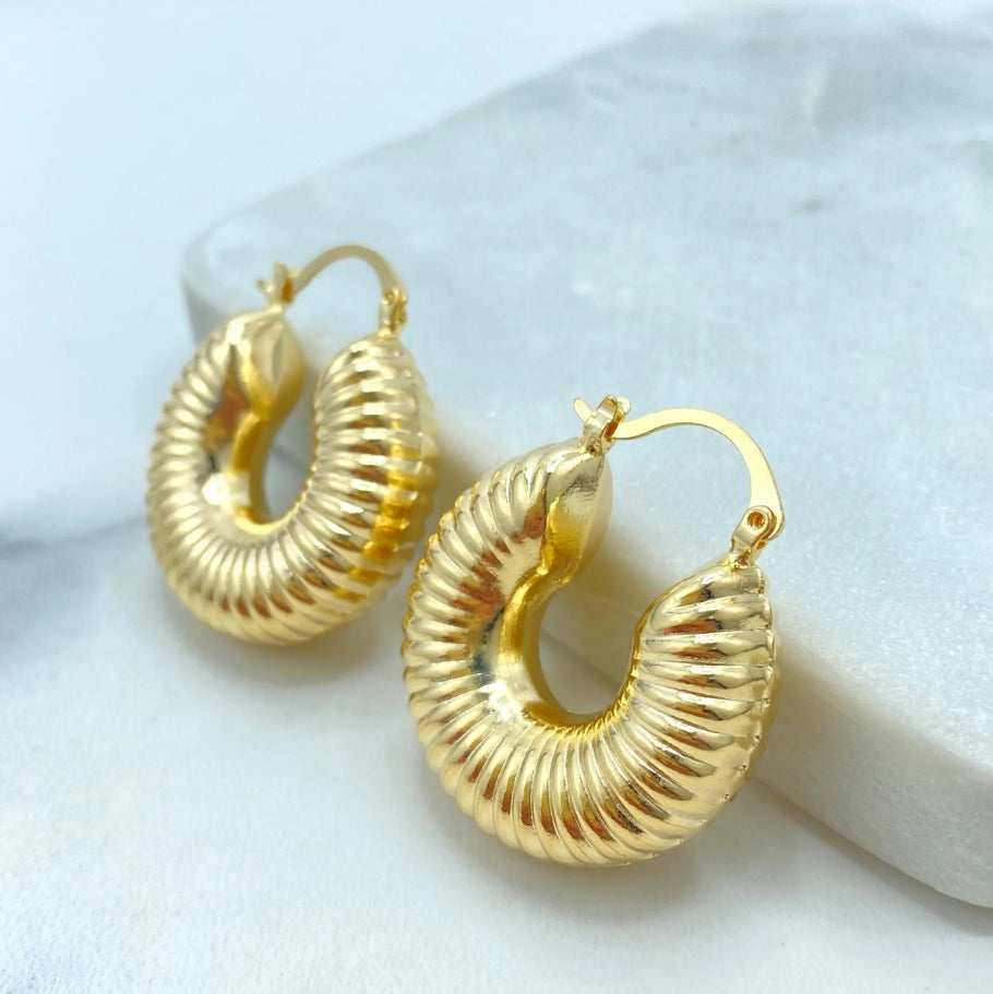 18K Gold Filled Ribbed Chunky Hoop Earrings | Bold Textured Dome Hoops