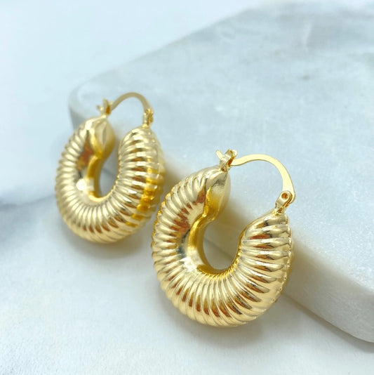 18K Gold Filled Ribbed Chunky Hoop Earrings | Bold Textured Dome Hoops