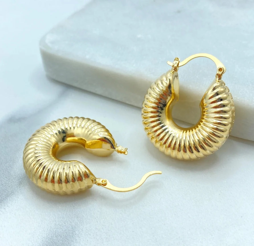 18K Gold Filled Ribbed Chunky Hoop Earrings | Bold Textured Dome Hoops
