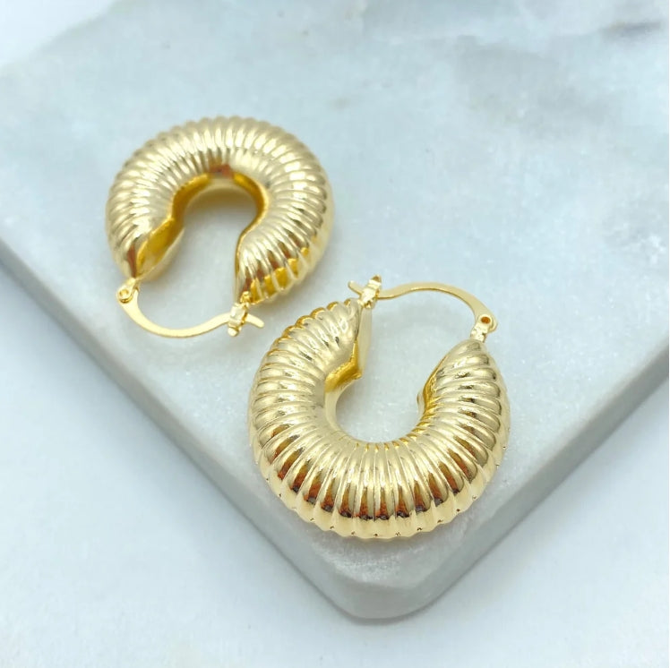 18K Gold Filled Ribbed Chunky Hoop Earrings | Bold Textured Dome Hoops