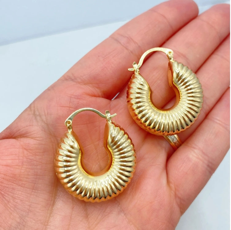 18K Gold Filled Ribbed Chunky Hoop Earrings | Bold Textured Dome Hoops