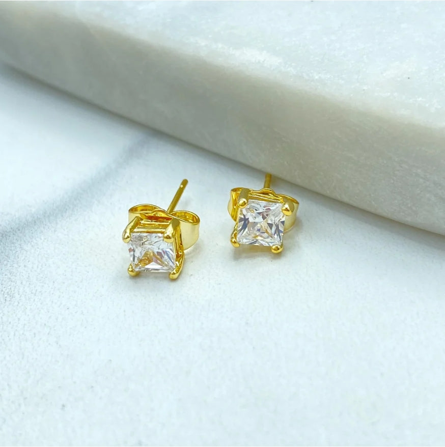 18k Gold Filled Princess Cut Stud Earrings | Square CZ Stone