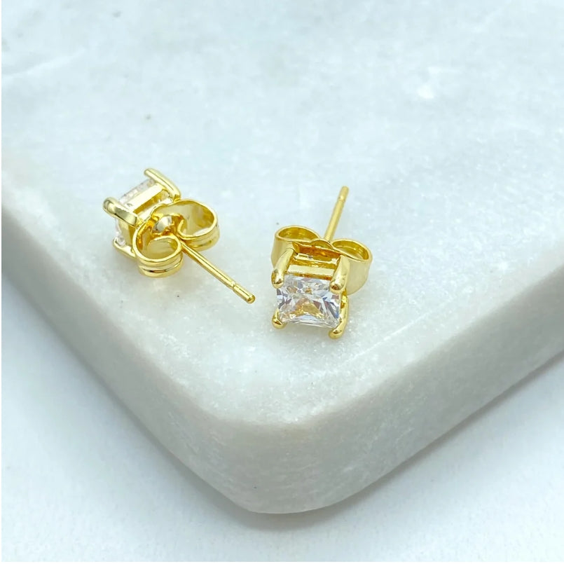 18k Gold Filled Princess Cut Stud Earrings | Square CZ Stone