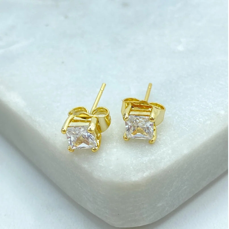 18k Gold Filled Princess Cut Stud Earrings | Square CZ Stone