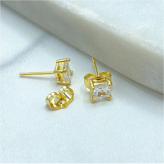 18k Gold Filled Princess Cut Stud Earrings | Square CZ Stone