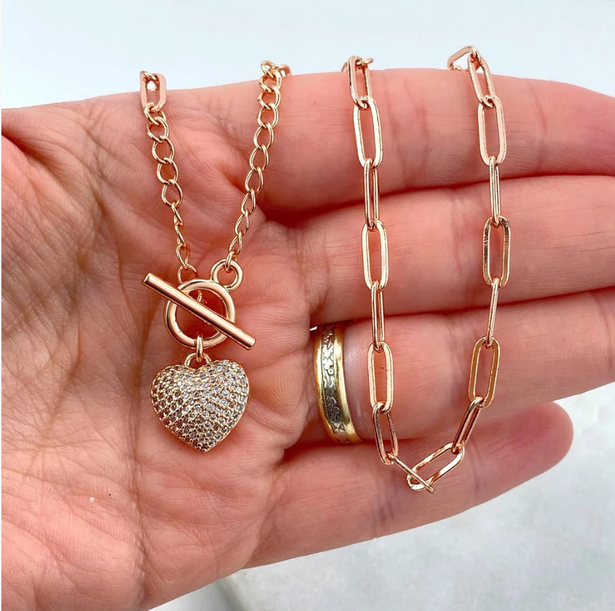 Rose Gold Heart Toggle Necklace & Bracelet Set