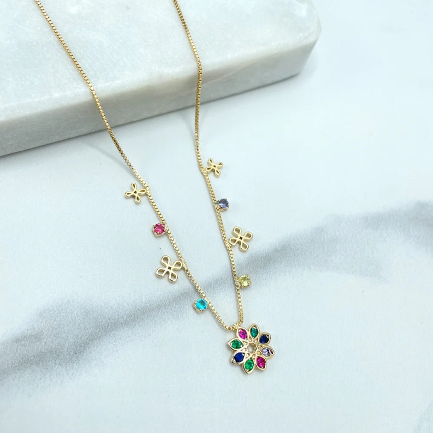 18K Gold Filled Box Chain Necklace with Cross Charms & Multi-Color CZ Flower