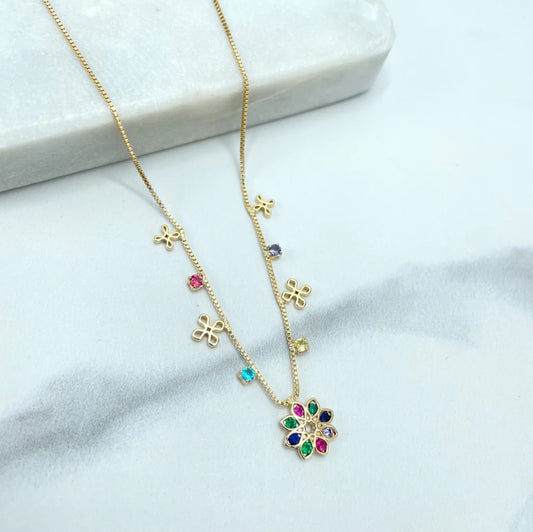 18K Gold Filled Box Chain Necklace with Cross Charms & Multi-Color CZ Flower