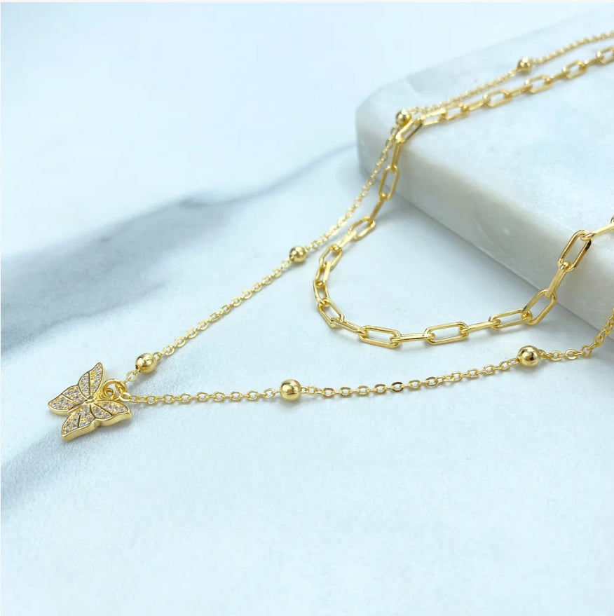 18K Gold Filled Double Necklace with Butterfly Charm