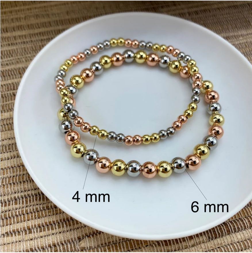18K Gold Filled Three Tone 4mm Beads Stackable Elastic Bracelet