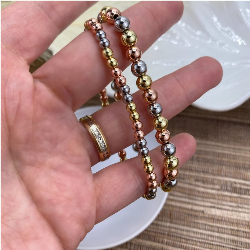 18K Gold Filled Three Tone 4mm Beads Stackable Elastic Bracelet