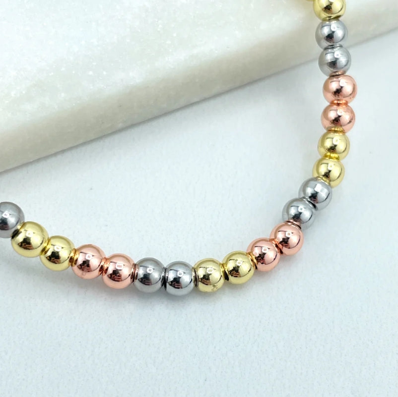 18K Gold Filled Three Tone 4mm Beads Stackable Elastic Bracelet