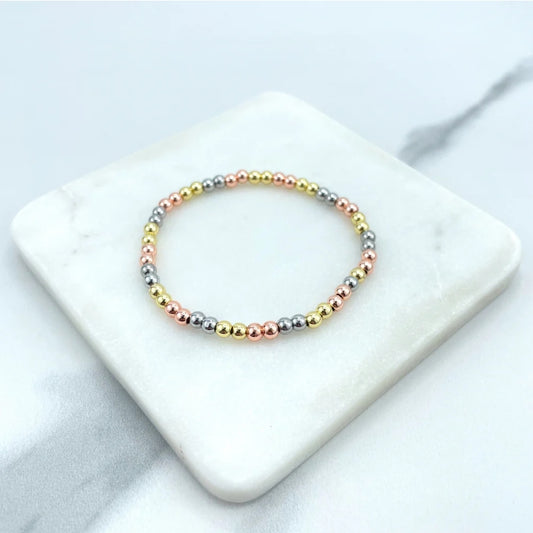 18K Gold Filled Three Tone 4mm Beads Stackable Elastic Bracelet