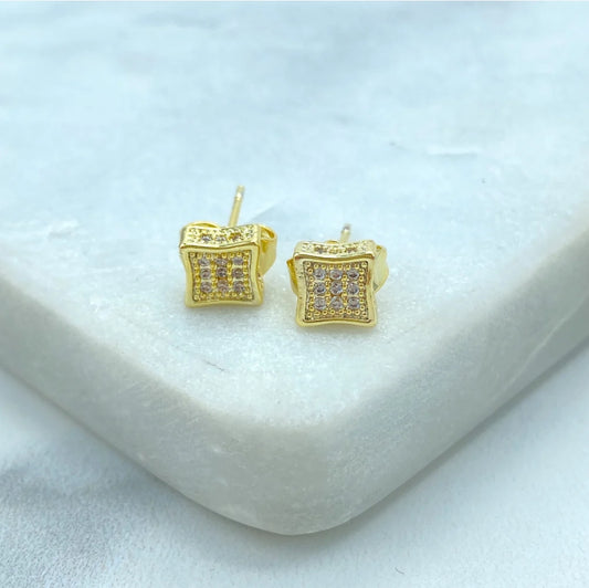 18k Gold Filled Square Shape Stud Earrings with Micro Pave CZ