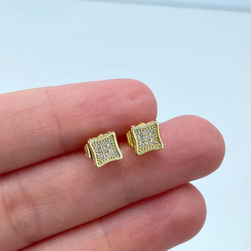 18k Gold Filled Square Shape Stud Earrings with Micro Pave CZ