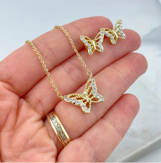 18K Gold Filled Micro CZ Butterfly Necklace & Earrings Set