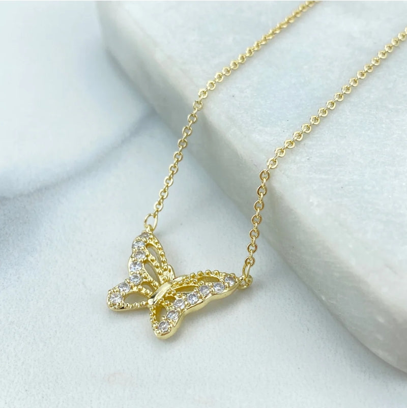 18K Gold Filled Micro CZ Butterfly Necklace & Earrings Set