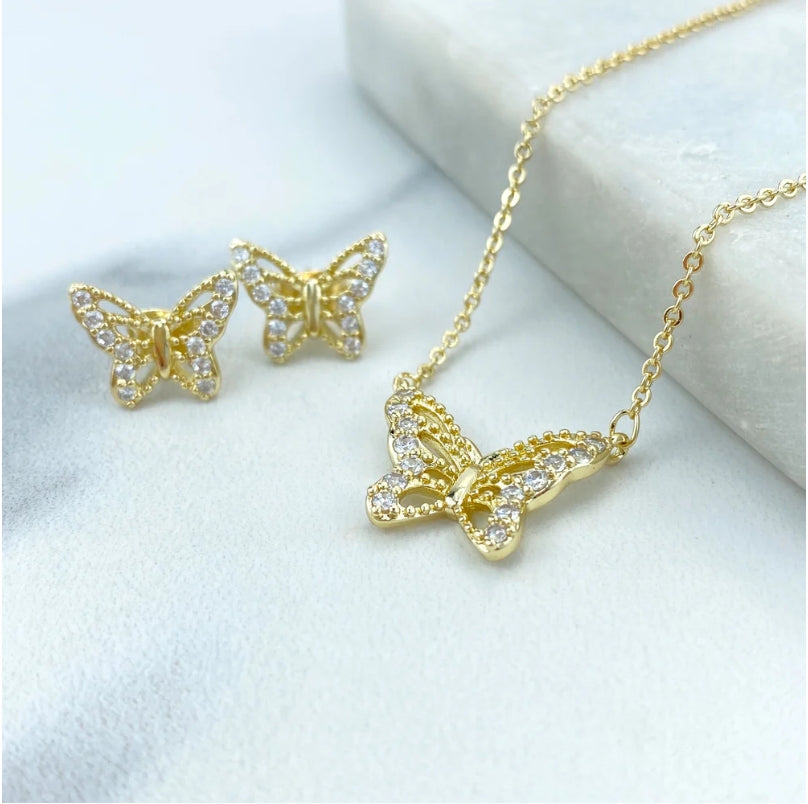 18K Gold Filled Micro CZ Butterfly Necklace & Earrings Set