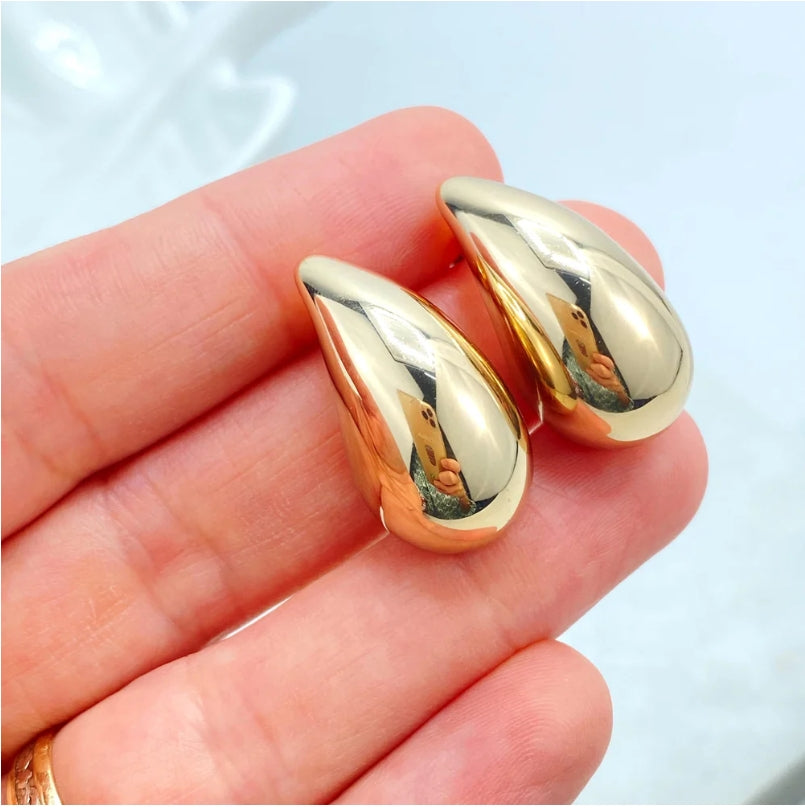 18K Gold Filled Gold Dome Earrings – Chunky Vintage Teardrop Puffed Drop Earrings
