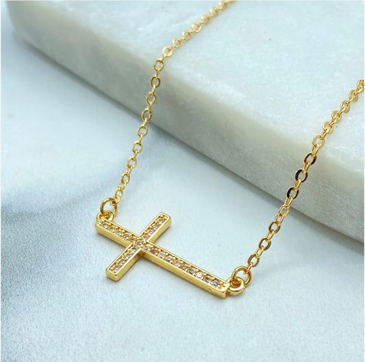 Gold & Silver Stainless Steel Cross Necklace with Cubic Zirconia
