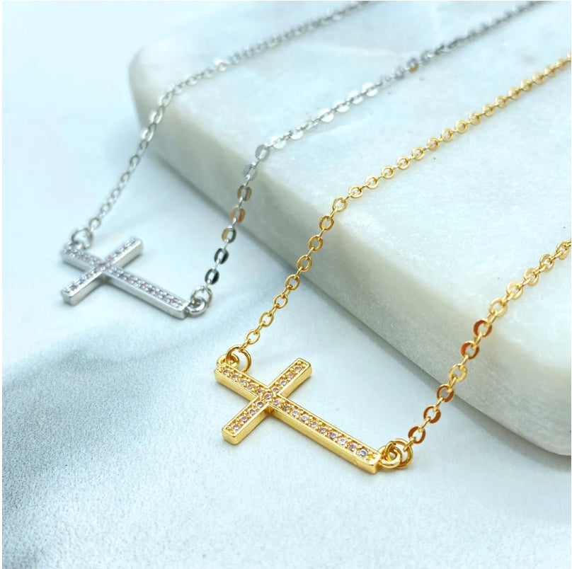 Gold & Silver Stainless Steel Cross Necklace with Cubic Zirconia