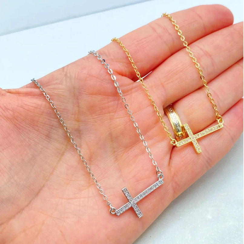 Gold & Silver Stainless Steel Cross Necklace with Cubic Zirconia