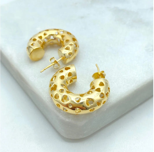18K Gold Filled Heart Cutout C-Hoop Earrings – Hollow Heart Chunky Hoop