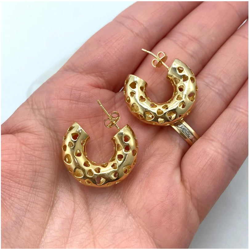 18K Gold Filled Heart Cutout C-Hoop Earrings – Hollow Heart Chunky Hoop