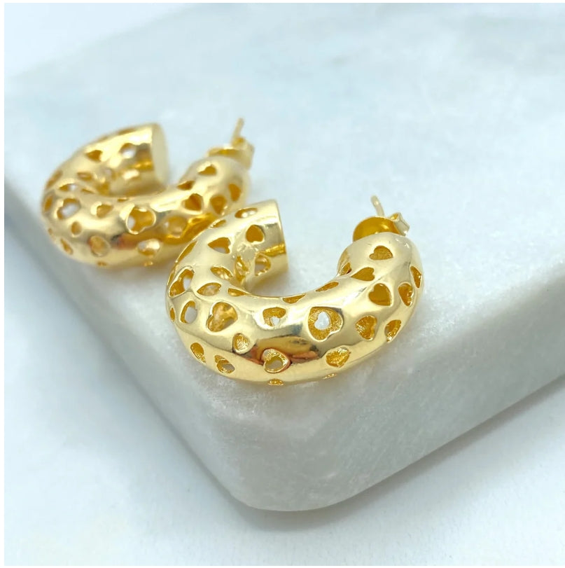 18K Gold Filled Heart Cutout C-Hoop Earrings – Hollow Heart Chunky Hoop
