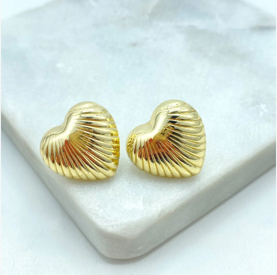 18K Gold Filled Puff Heart Stud Earrings – Ribbed Textured Lines
