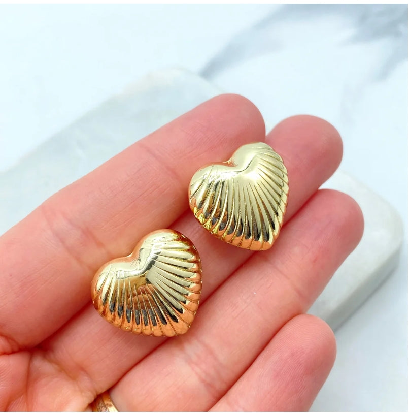 18K Gold Filled Puff Heart Stud Earrings – Ribbed Textured Lines