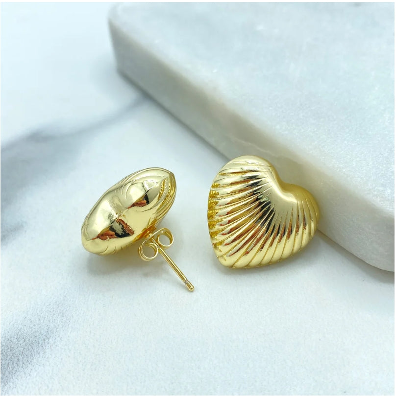 18K Gold Filled Puff Heart Stud Earrings – Ribbed Textured Lines