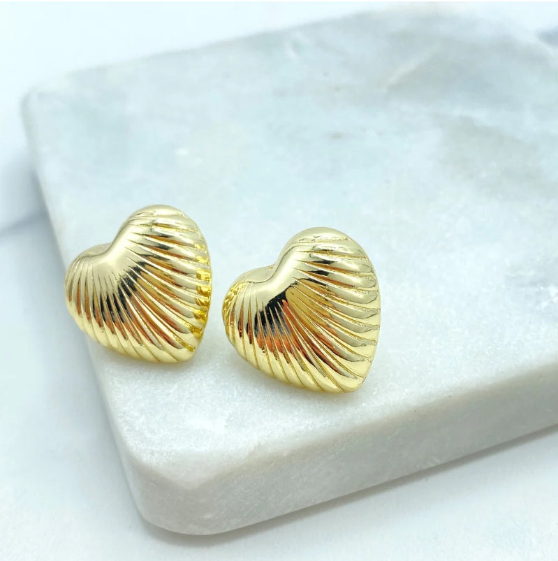 18K Gold Filled Puff Heart Stud Earrings – Ribbed Textured Lines