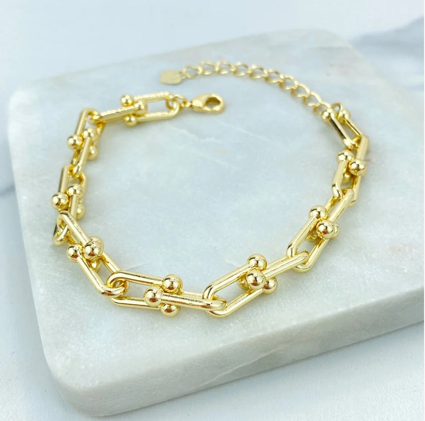 18k Gold Filled 7mm Polished U Shape Link Chain Necklace & Bracelet Set with Extender
