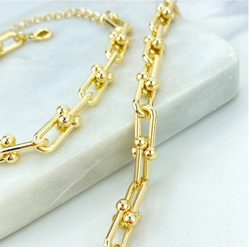18k Gold Filled 7mm Polished U Shape Link Chain Necklace & Bracelet Set with Extender
