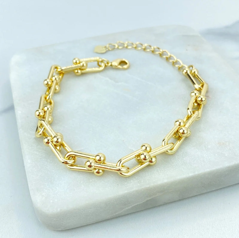18k Gold Filled 7mm Polished U Shape Link Chain Necklace & Bracelet Set with Extender