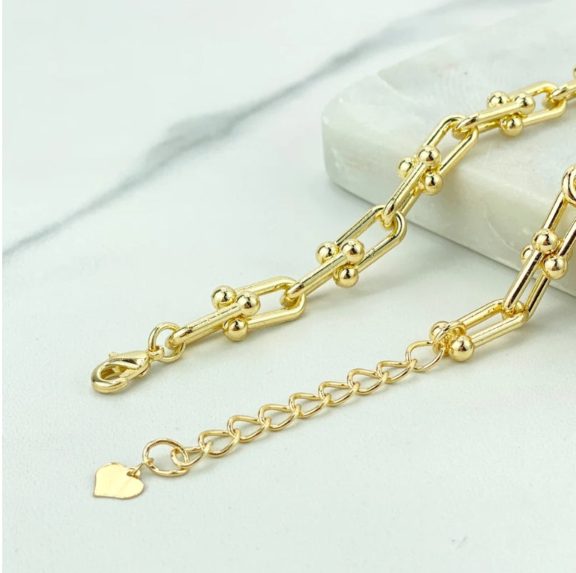18k Gold Filled 7mm Polished U Shape Link Chain Necklace & Bracelet Set with Extender