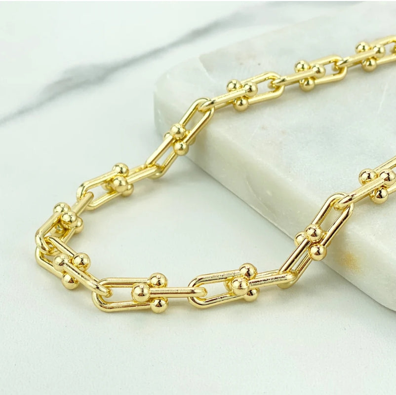 18k Gold Filled 7mm Polished U Shape Link Chain Necklace & Bracelet Set with Extender