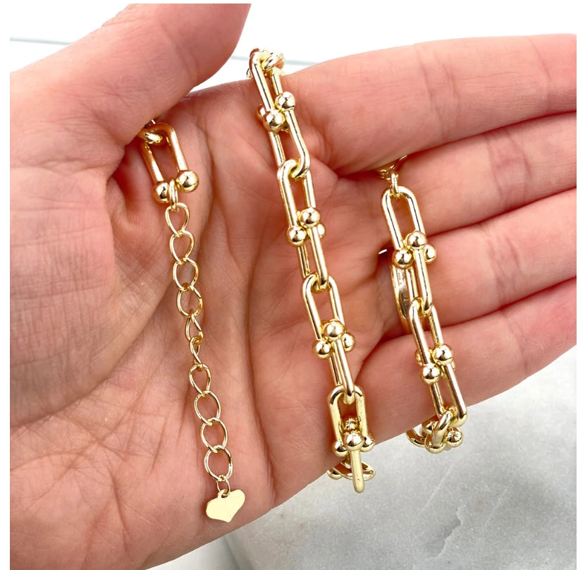 18k Gold Filled 7mm Polished U Shape Link Chain Necklace & Bracelet Set with Extender